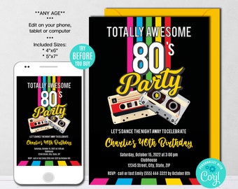 EDITABLE 80s Birthday Invitation Template, Retro Party Invitation, Back to the 80's Party, The eighties, Instant Download, CORJL