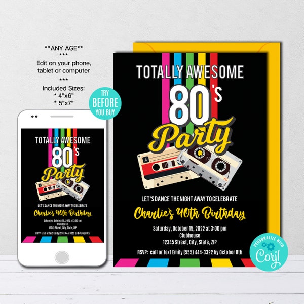 EDITABLE 80's Birthday Invitation Template, Retro Party Invitation, Back to the 80's Party, The eighties, Instant Download, CORJL