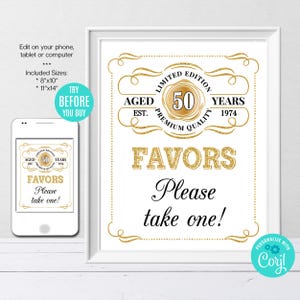 Editable Favors Sign Template, Age to Perfection Birthday Party Sign,  ANY AGE, Gold Whiskey Label Sign, Party Decor, Instant Download