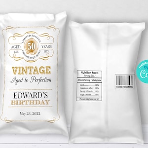 Editable Birthday Chip Bag Wrapper, Aged to Perfection, Chip Bag, Vintage Birthday Party Favor,  Whiskey Chips Bag, Instant Download, CORJL