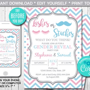 Staches or Lashes Gender Reveal Party Invitation, Boy or Girl, Blue or Pink, Printable Invitation, Instant Download, Digital, Editable G-004