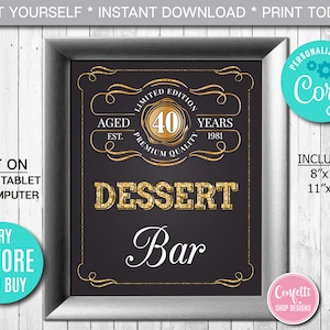 Editable Dessert Bar Sign ANY AGE to Perfection Birthday Party Sign Gold Whiskey Label Sign, Party Decor Instant Download CORJL Template