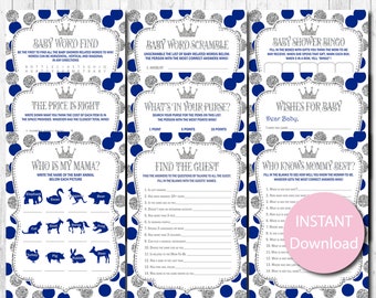 Paquete de juegos Prince Baby Shower, paquete de juegos, bebé niño, azul marino, plata, tema Prince, descarga instantánea, juegos imprimibles, juegos de paquete