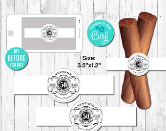 EDITABLE Cigar Labels 50th Birthday Cigar Band, Any Age, Aged to Perfection, White, Whiskey Label, Instant Download, CORJL, Digital File