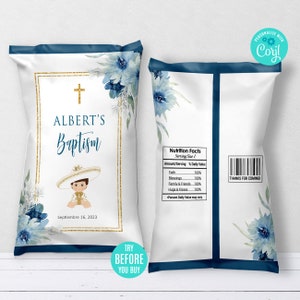 Taufe Chip Bag Wrappers, Junge, Charro Chip Bag, mexikanisches Thema, blaue Blumen Taufe Chip Bag, druckbare Vorlage, Instant Download