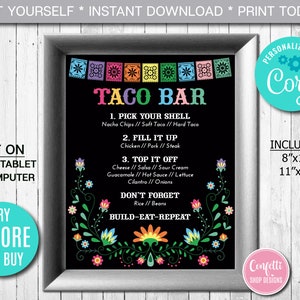 Editable Taco Bar Menu Sign, Fiesta Party Menu, Mexican Party, Mexican theme, Custom Printable, Instant Download, Digital File, CORJL