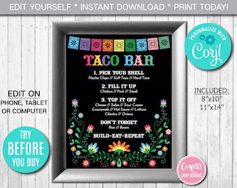 Editable Taco Bar Menu Sign, Fiesta Party Menu, Mexican Party, Mexican theme, Custom Printable, Instant Download, Digital File, CORJL