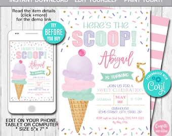Editable Ice Cream Birthday Invitation Birthday Party Here's the Scoop Cone Pink Mint Gold Purple Printable Template Instant download CORJL