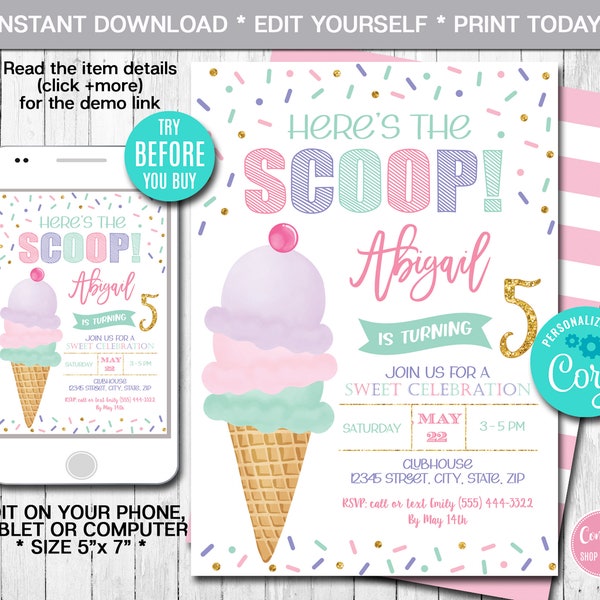 Editable Ice Cream Birthday Invitation Birthday Party Here's the Scoop Cone Pink Mint Gold Purple Printable Template Instant download CORJL