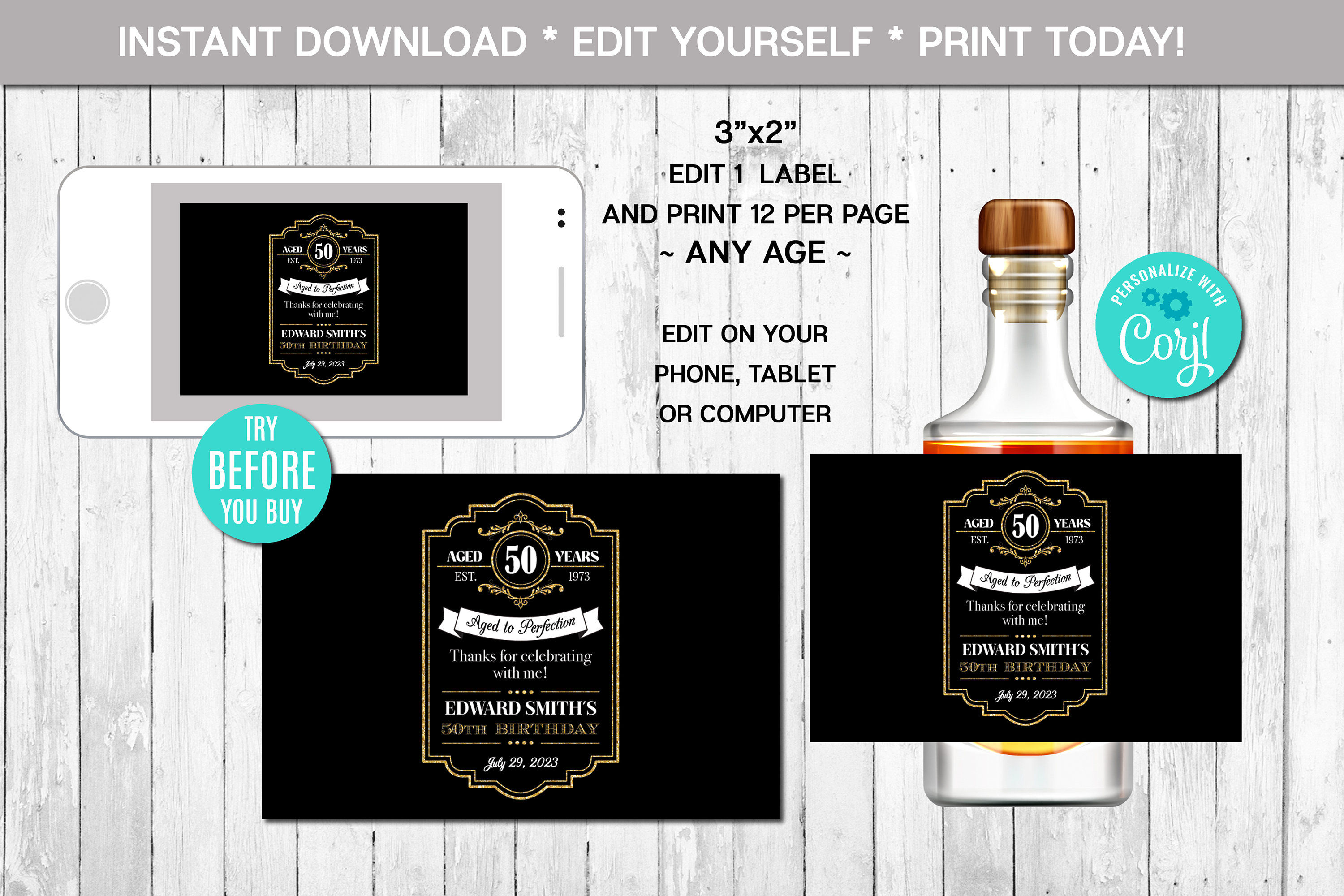 Age Sticker Labels EDITABLE Beer Bottle Label, Aged to Perfection, Any Age, Gold, Whiskey ...