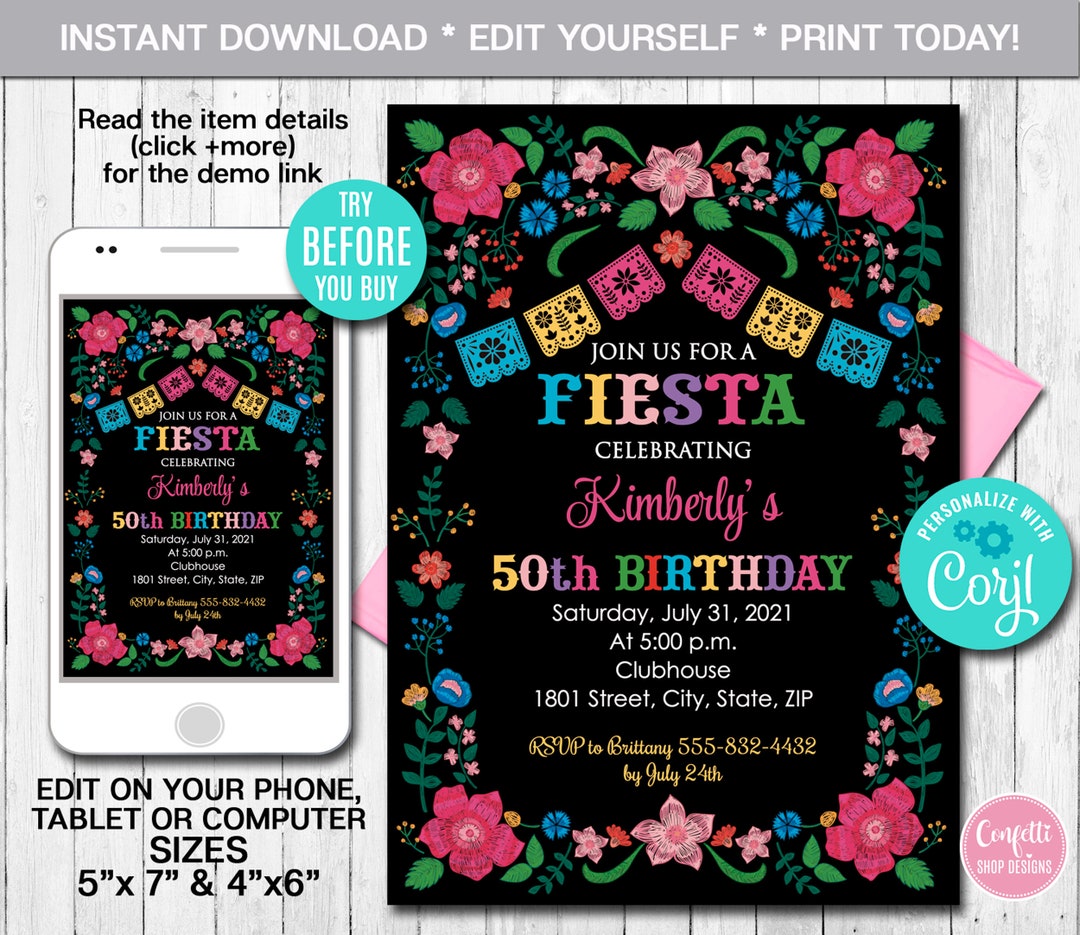 Editable Mexican Birthday Invitation, ANY AGE, Fiesta Invitation ...