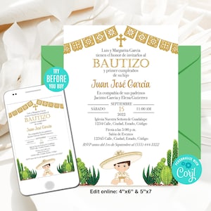 Editable Baptism Invitation, Boy, Spanish, Gold, Mexican Baptism Invitation, Charro Baptism Invitation, Cactus, Instant Download, CORJL