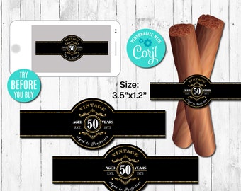 EDITABLE Cigar Labels, 50th Birthday Cigar Band, Aged to Perfection, Vintage, Any Age, Gold, Whiskey Label, Instant Download, Retirement