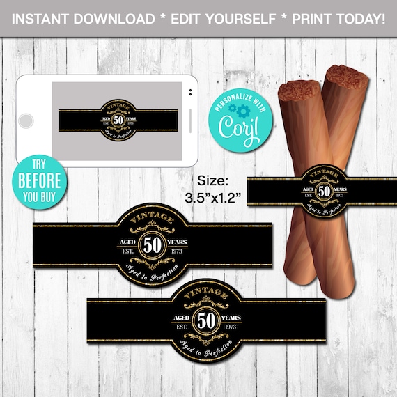 EDITABLE Cigar Labels, 50th Birthday Cigar Band, Aged to Perfection, Vintage, Any Age, Gold, Whiskey Label, Instant Download, Retirement