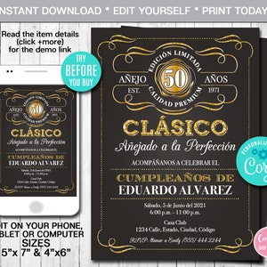 Editable Aged to Perfection Birthday Invitation, ANY AGE, Spanish, Gold, Whiskey Label Birthday Invitation, Vintage Party, Instant Download