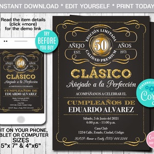 Bewerkbare verjaardagsuitnodiging tot in de perfectie, ELKE LEEFTIJD, Spaans, goud, whiskylabel verjaardagsuitnodiging, vintage feest, Instant Download