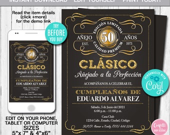 Editable Aged to Perfection Birthday Invitation, ANY AGE, Spanish, Gold, Whiskey Label Birthday Invitation, Vintage Party, Instant Download