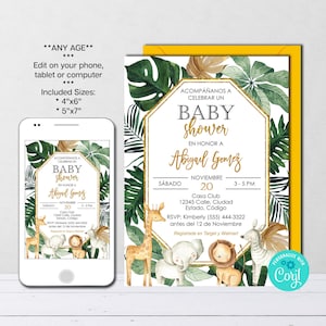 Invitation modifiable de baby shower dans la jungle, garçon, espagnol, invitation safari, invitation imprimable, modèle, fichier numérique, téléchargement immédiat, CORJL