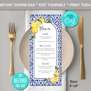 Editable Amalfi Menu Card Template, Blue Tiles Lemon Bridal shower Menu, Wedding Menu Printable, Mediterranean Birthday Menu, Citrus Theme