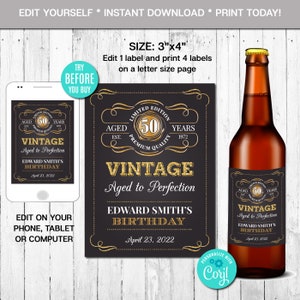 編集可能なビール瓶ラベル、完璧に熟成、あらゆる年齢、ゴールド、ウイスキーラベル、即時ダウンロード、CORJL、デジタルファイル