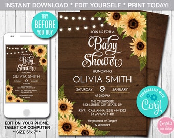 Editable Sunflower Baby Shower Invitation Girl, Rustic Baby Shower Invitation, Country Baby Shower Invite, Printable, Instant Download CORJL