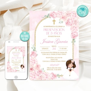 Modèle d'invitation de présentation modifiable, petite fille, Presentacion de 3 años, floral rose bohème espagnol, invitation imprimable, téléchargement numérique