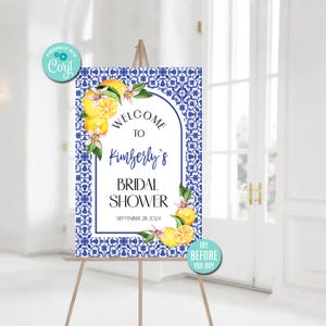 Editable Mediterranean Lemon Bridal Shower Welcome Sign Template, Amalfi Coast, Blue Tile Bridal Shower Decor Sign, Digital Download