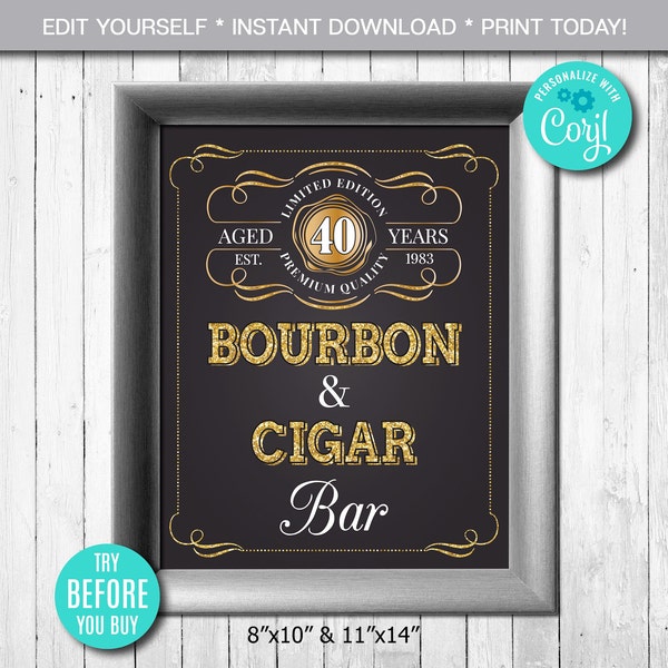 Editable Bourbon and Cigar Bar Sign ANY AGE to Perfection Birthday Party Sign Gold Whiskey Label Sign, Party Decor Instant Download