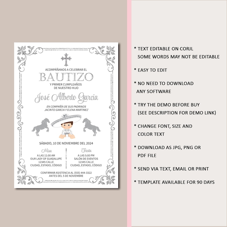 Spanish Charro Baptism and Birthday Invitation, Editable Template