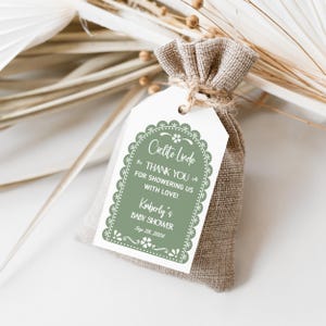 Cielito Lindo Baby Shower Favor Tag, Plantilla Editable, Tema Barro Mexicano, Papel Picado Verde Salvia, Flores de Talavera, Descarga Digital