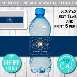 EDITIERBARE Wasserflaschenetikett, bis zur Perfektion gealtert, jedes Alter, Marineblau und Gold, Whisky-Etikett, Sofortiger Download, CORJL, Digitale Datei