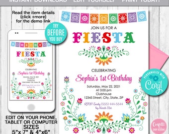 Editable Birthday Invitation, Mexican Birthday, Any Age, Mexican theme Invitation, Fiesta Invitation, Instant Download, Digital File, CORJL