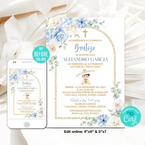 Editable Baptism Invitation Template, Charro, Boy, Dustin Blue Flowers Watercolor, Bautizo Mexican Theme Invite, Instant Download, CORJL