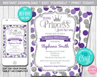 Purple and Silver  Princess Baby Shower Invitation, Girl, Princess Invitation, Dots, Printable Invite, Instant Download, Digital File, Corjl