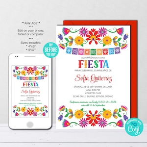 Editable Fiesta Birthday Invitation Template, Spanish Mexican Flowers Invite, Colorful Papel Picado, Digital Download, Mexico Themed
