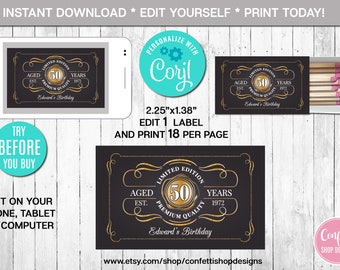 Aged to Perfection Matchbox Label: Gold Whiskey Birthday, Editable Template (Digital File), CORJL
