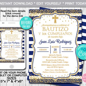 Editable Baptism and First Birthday Invitation Template for Boy, Spanish Navy Blue and Gold Confetti, Corjl Instant Download, Printable