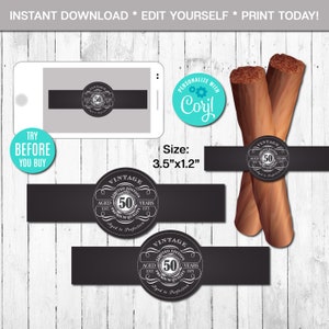 EDITABLE Cigar Labels 50th Birthday Cigar Band, Any Age, Aged to Perfection, White, Whiskey Label, Instant Download, CORJL, Digital File
