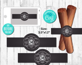EDITABLE Cigar Labels 50th Birthday Cigar Band, Any Age, Aged to Perfection, White, Whiskey Label, Instant Download, CORJL, Digital File