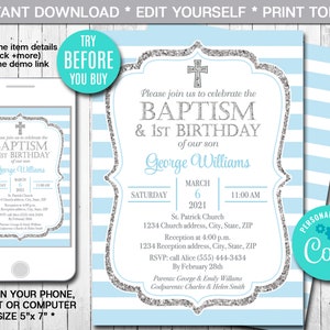 Editable Baptism and First Birthday Invitation Boy Blue and Silver 1st Birthday Christening Invitation Printable Invite Instant Download