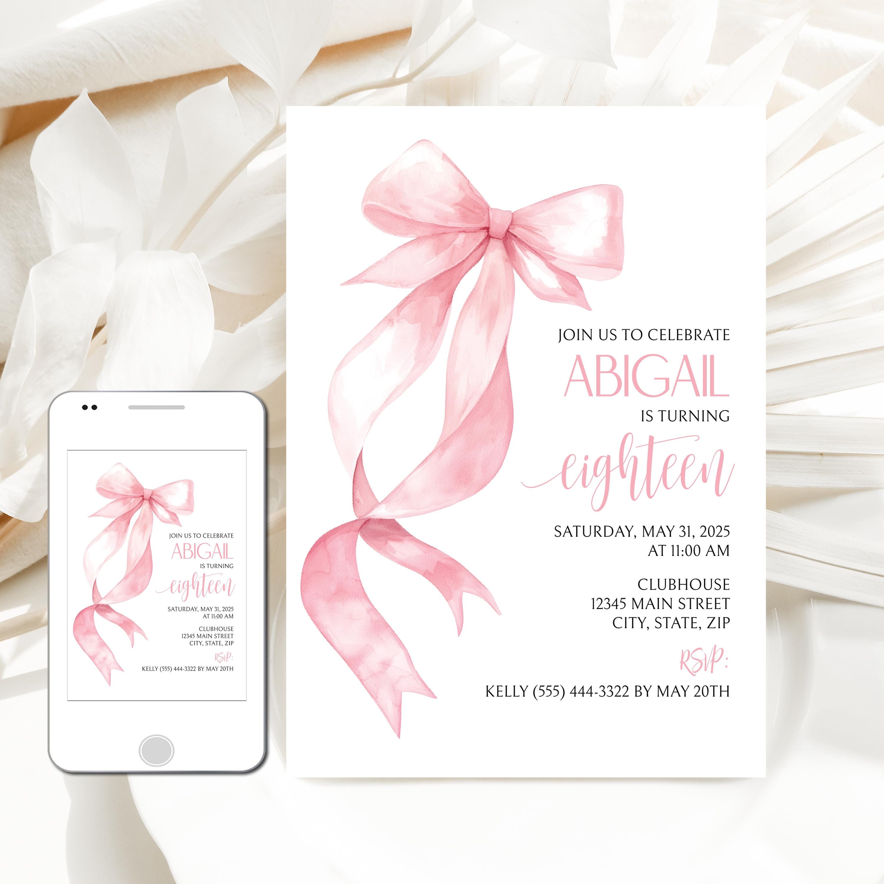 Coquette Pink Bow Birthday Invitation: Watercolor Ribbon, Editable ...