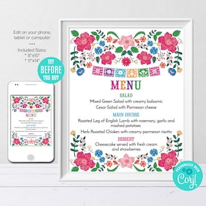 Signo de menú mexicano editable, signo de flores mexicanas, decoración de fiesta mexicana, plantilla de menú imprimible, fiesta de cumpleaños, bricolaje, descarga instantánea, CORJL