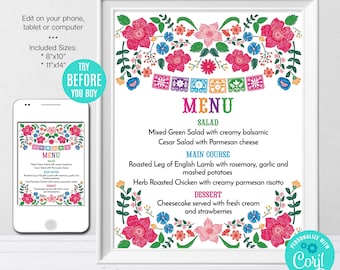 Editable Mexican Menu Sign, Mexican Flowers Sign, Mexican Party Decor, Printable Menu Template, Birthday Party, DIY, Instant Download, CORJL