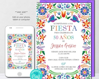 Editable Mexican Fiesta Birthday Invitation: Colorful Floral Birds, Spanish Party Invite, Digital File (Instant Download)