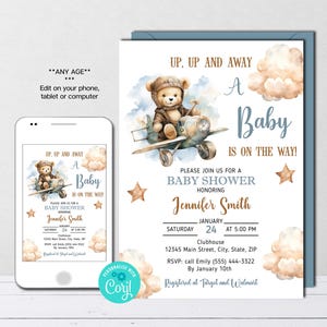 Teddy Bear Airplane Baby Shower Invitation, Vintage Travel Shower Invite, Adventure Awaits, Editable Digital Template, Instant Download