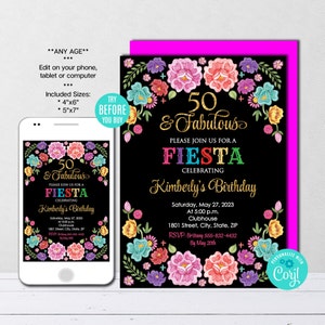 Editable Mexican Birthday Invitation Any age Fifty & Fabulous Birthday Invitate Mexican theme Invitation Fiesta Invitation, Instant Download