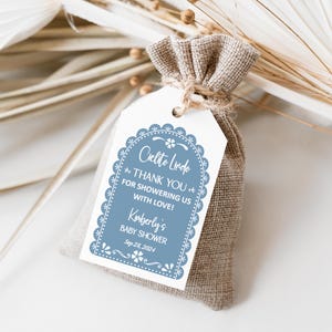 Cielito Lindo Baby Shower Favor Tag, Plantilla Editable, Tema Barro Mexicano, Papel Picado Azul, Flores de Talavera, Descarga Digital, CORJL
