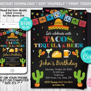 Editable Taco Tequila and Beer Birthday Invitation Mexican Invitation Fiesta Invitation Party Invite Instant Download Digital File CORJL