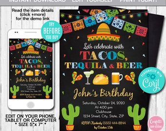 Editable Taco Tequila and Beer Birthday Invitation Mexican Invitation Fiesta Invitation Party Invite Instant Download Digital File CORJL