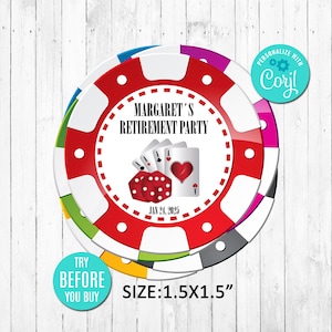 EDITABLE Casino Poker Chip Template, Sticker for Poker Chip, Casino Theme, Retirement Party Favor Label, Birthday Party, Instant Download
